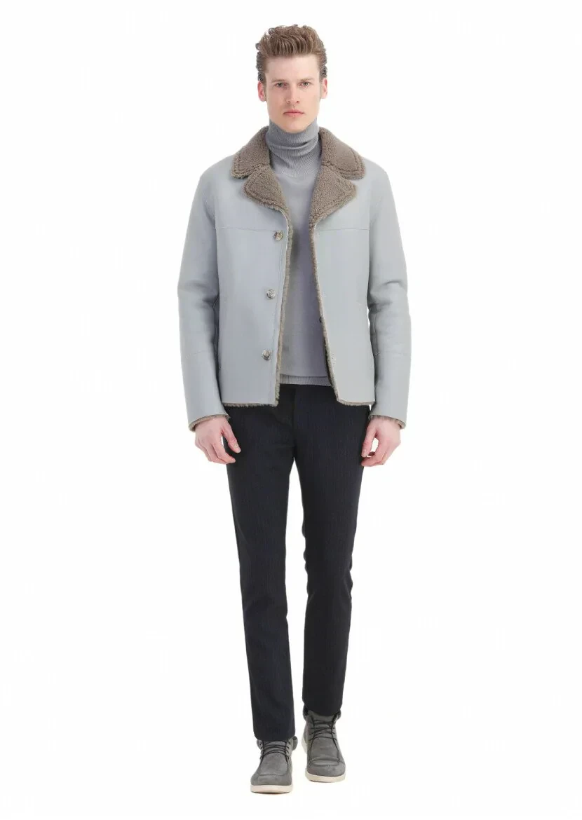 Gri Regular Fit Kelebek Yaka Casual Kürk Deri Mont - 2
