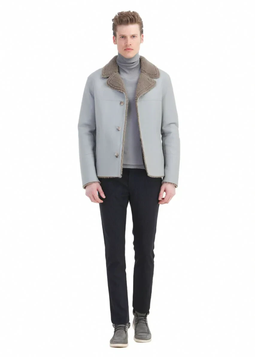 Gri Regular Fit Kelebek Yaka Casual Kürk Deri Mont - 2