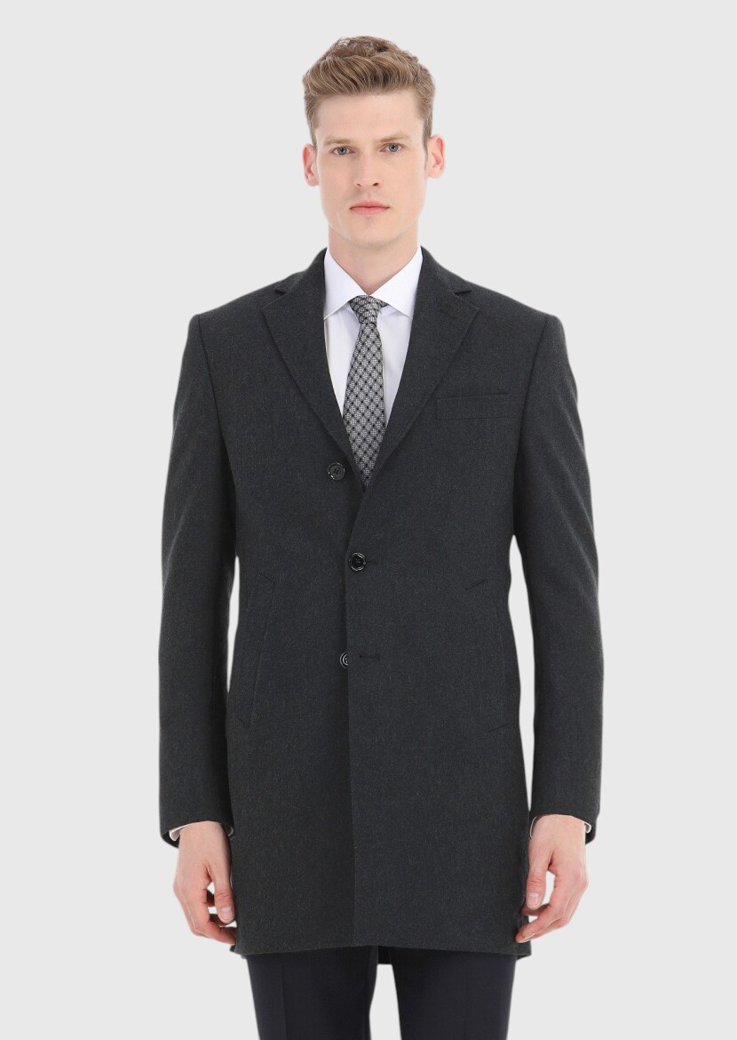 Gri Regular Fit Kelebek Yaka Klasik Dokuma Palto - 2