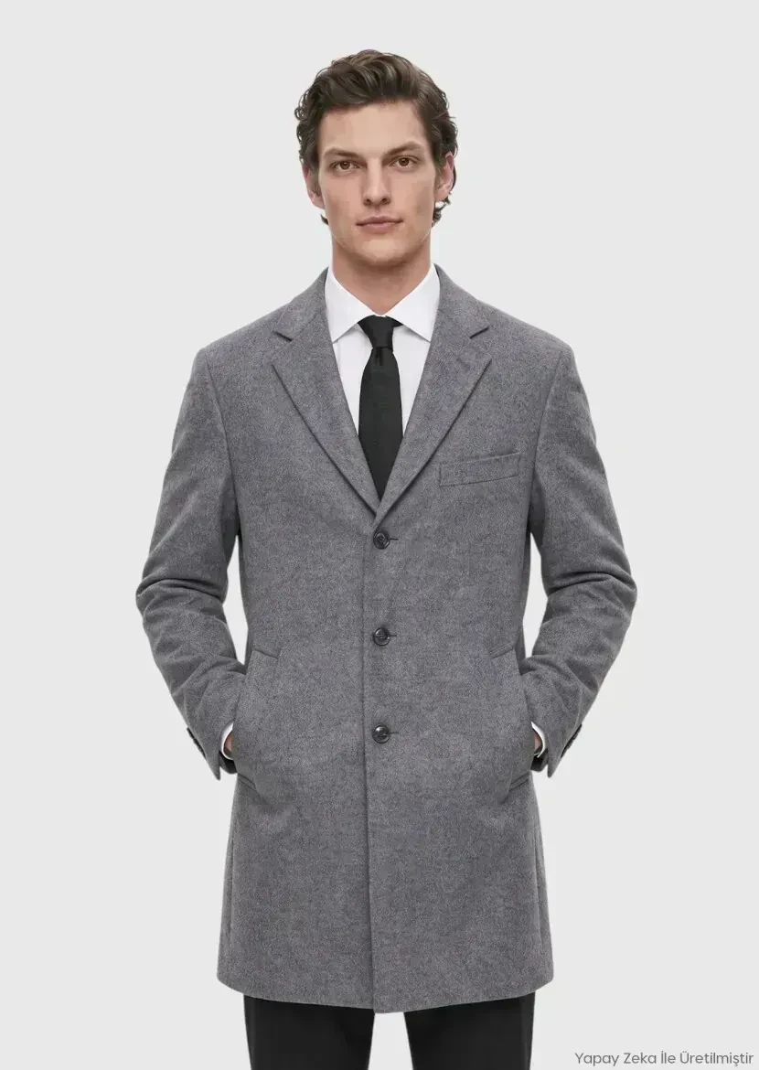 Gri Regular Fit Kelebek Yaka Klasik Dokuma Palto - RAMSEY