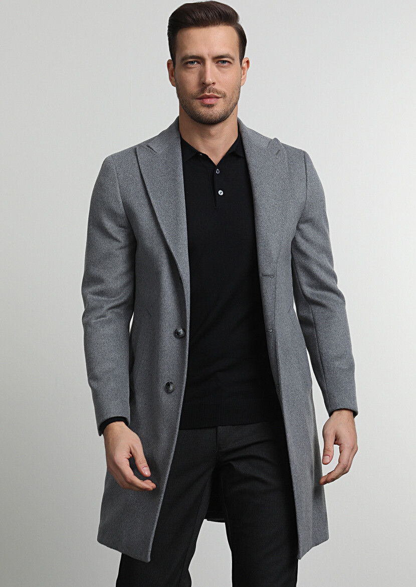 Gri Regular Fit Kruvaze Yaka Casual Dokuma Palto - 3