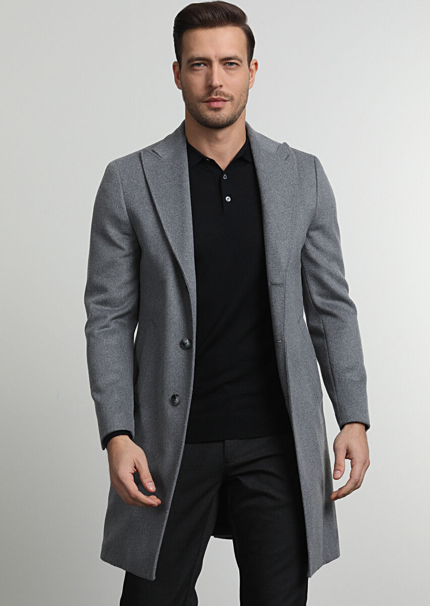 Gri Regular Fit Kruvaze Yaka Casual Dokuma Palto - 3