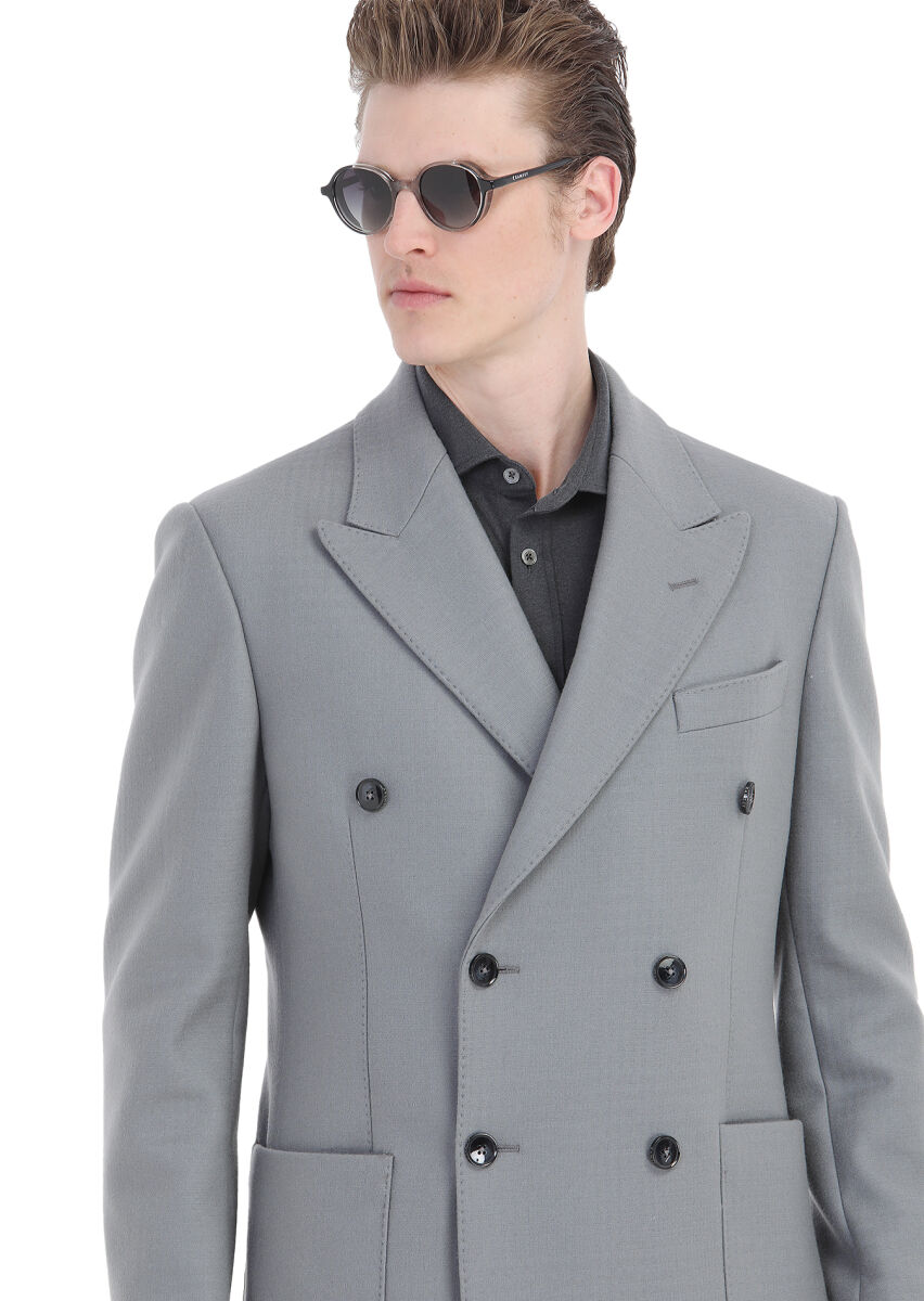 Gri Regular Fit Kruvaze Yaka Casual Dokuma Palto - 6