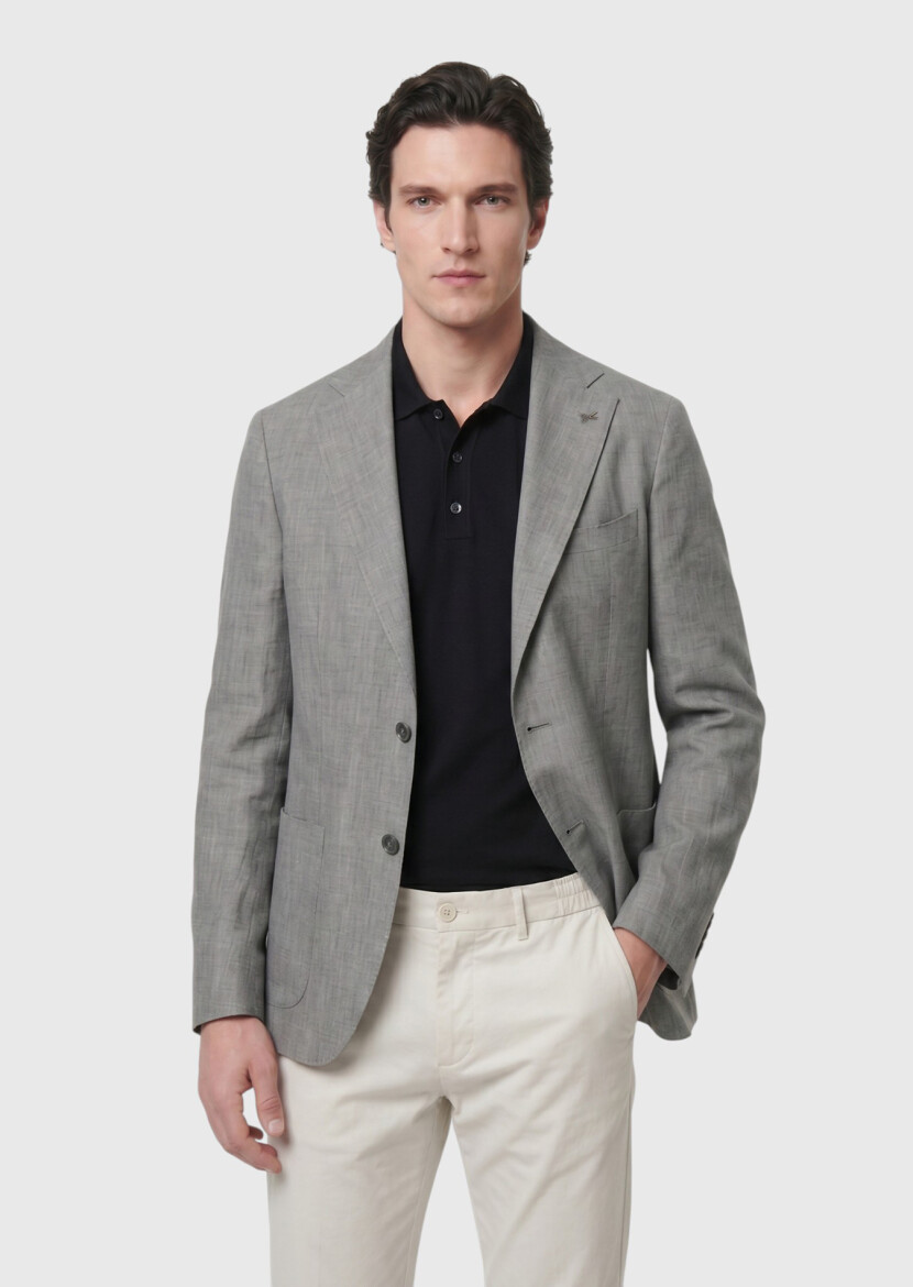Gri Shirt Shoulder Slim Fit %100 Keten Ceket - 1