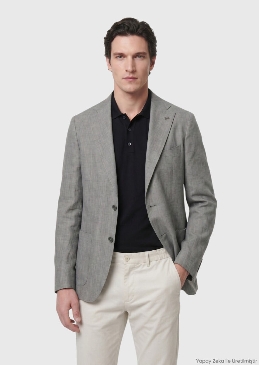 RAMSEY Gri Shirt Shoulder Slim Fit %100 Keten Ceket