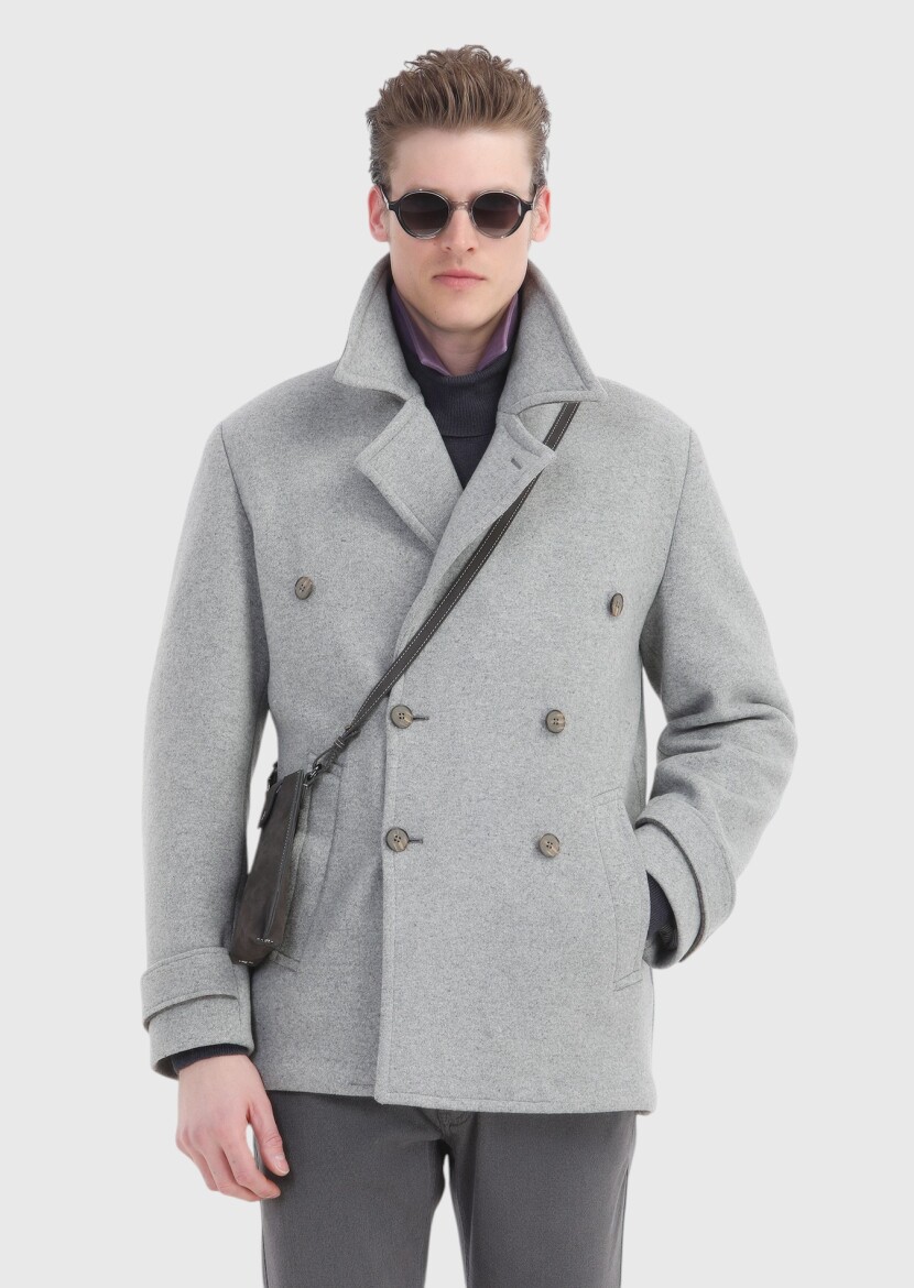 Gri Slim Fit Kruvaze Yaka Casual Örme Palto - 5