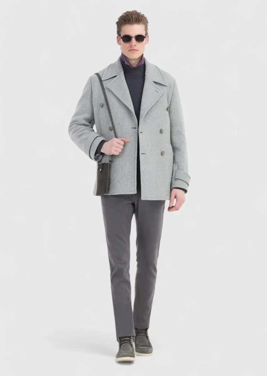 Gri Slim Fit Kruvaze Yaka Casual Örme Palto - 1