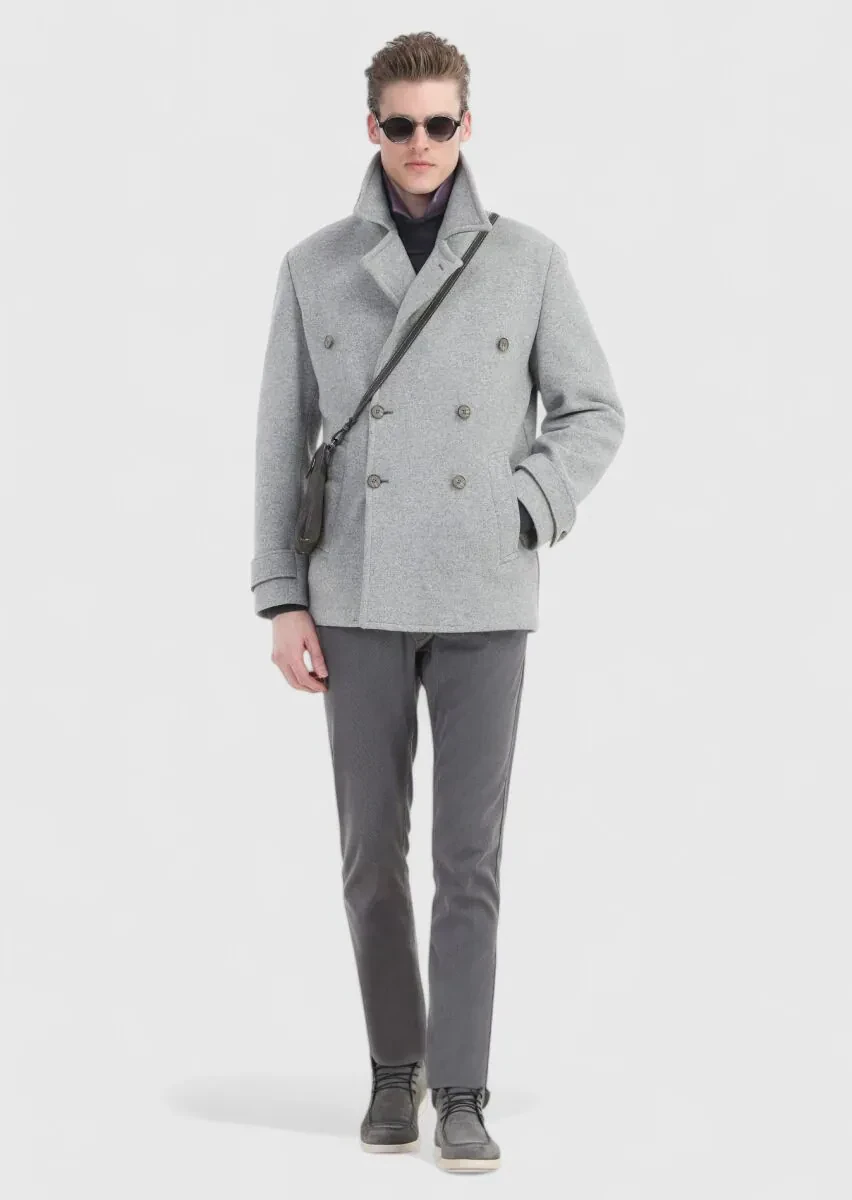 Gri Slim Fit Kruvaze Yaka Casual Örme Palto - 2
