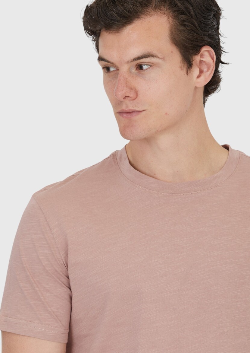 Gül Kurusu Düz Bisiklet Yaka %100 Pamuk T-Shirt - 4