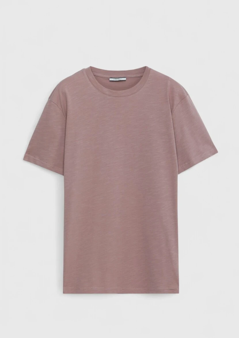 Gül Kurusu Düz Bisiklet Yaka %100 Pamuk T-Shirt 