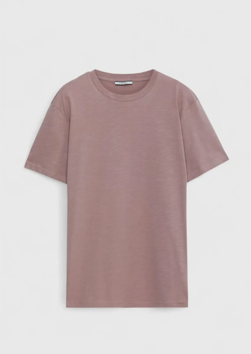 Gül Kurusu Düz Bisiklet Yaka %100 Pamuk T-Shirt - 1