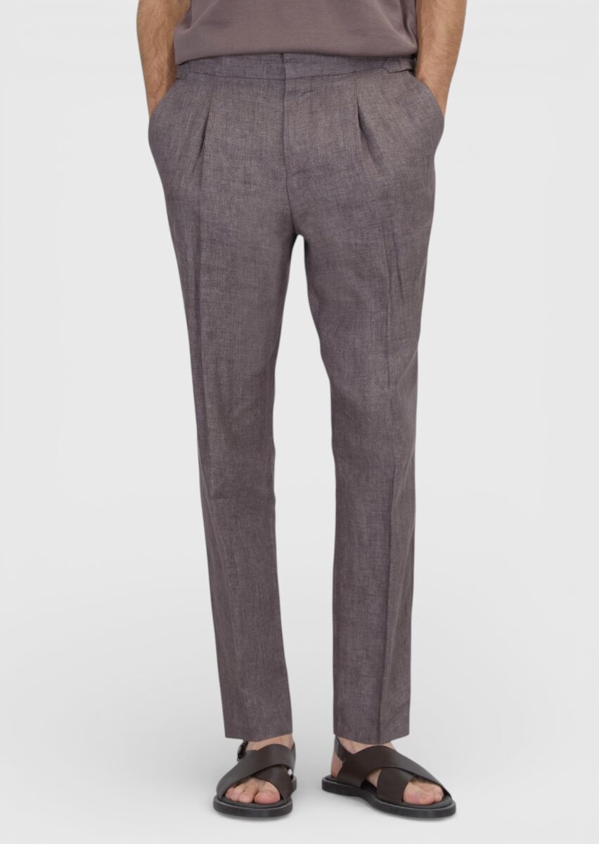 Gül Kurusu Düz Dokuma Regular Fit Casual %100 Keten Pantolon - 2