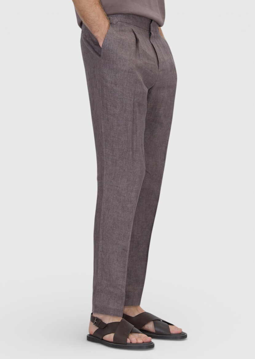 Gül Kurusu Düz Dokuma Regular Fit Casual %100 Keten Pantolon - 3