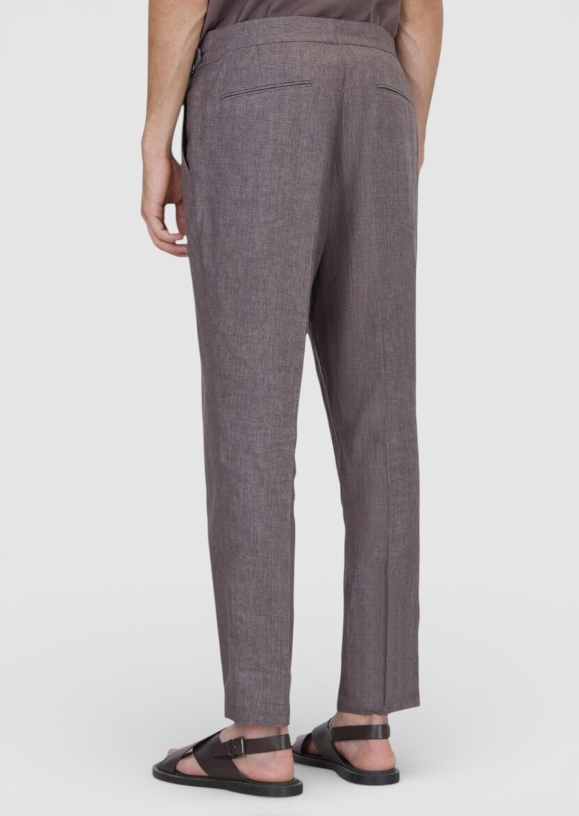 Gül Kurusu Düz Dokuma Regular Fit Casual %100 Keten Pantolon - 5