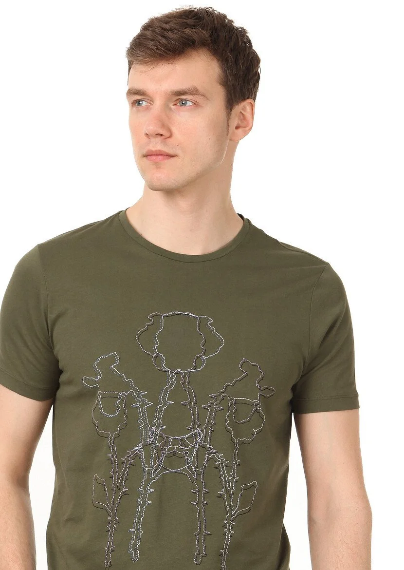 Haki Baskılı %100 Pamuk T-Shirt 