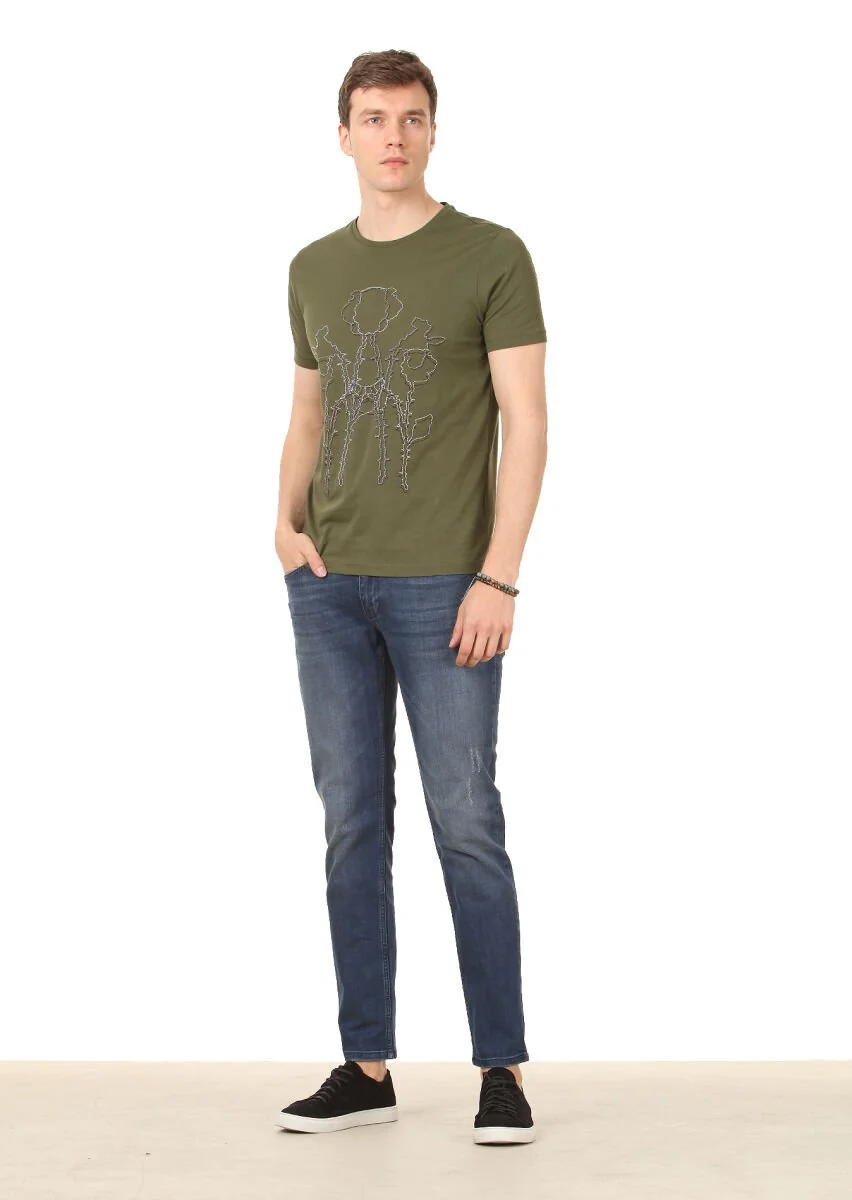 Haki Baskılı %100 Pamuk T-Shirt - 3