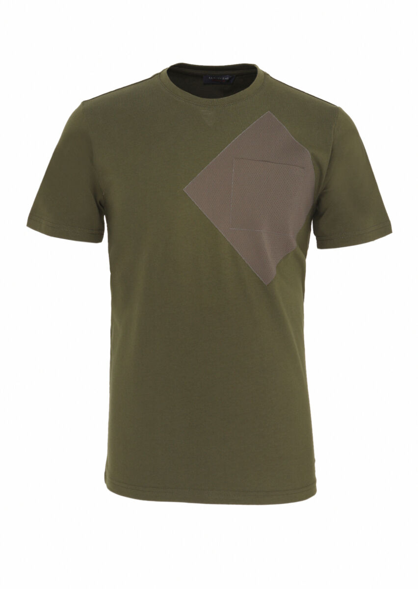 Haki Baskılı Bisiklet Yaka %100 Pamuk T-Shirt - 5