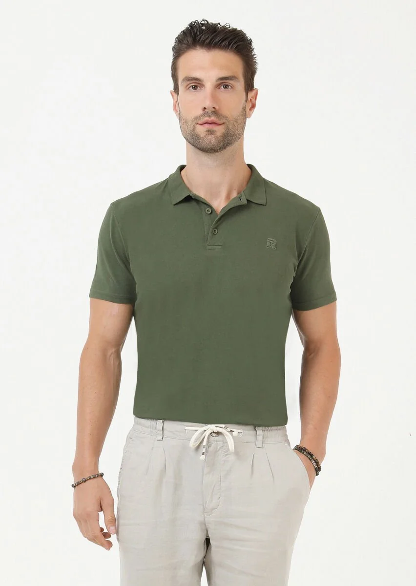 Haki Baskılı Polo Yaka %100 Pamuk T-Shirt - 1
