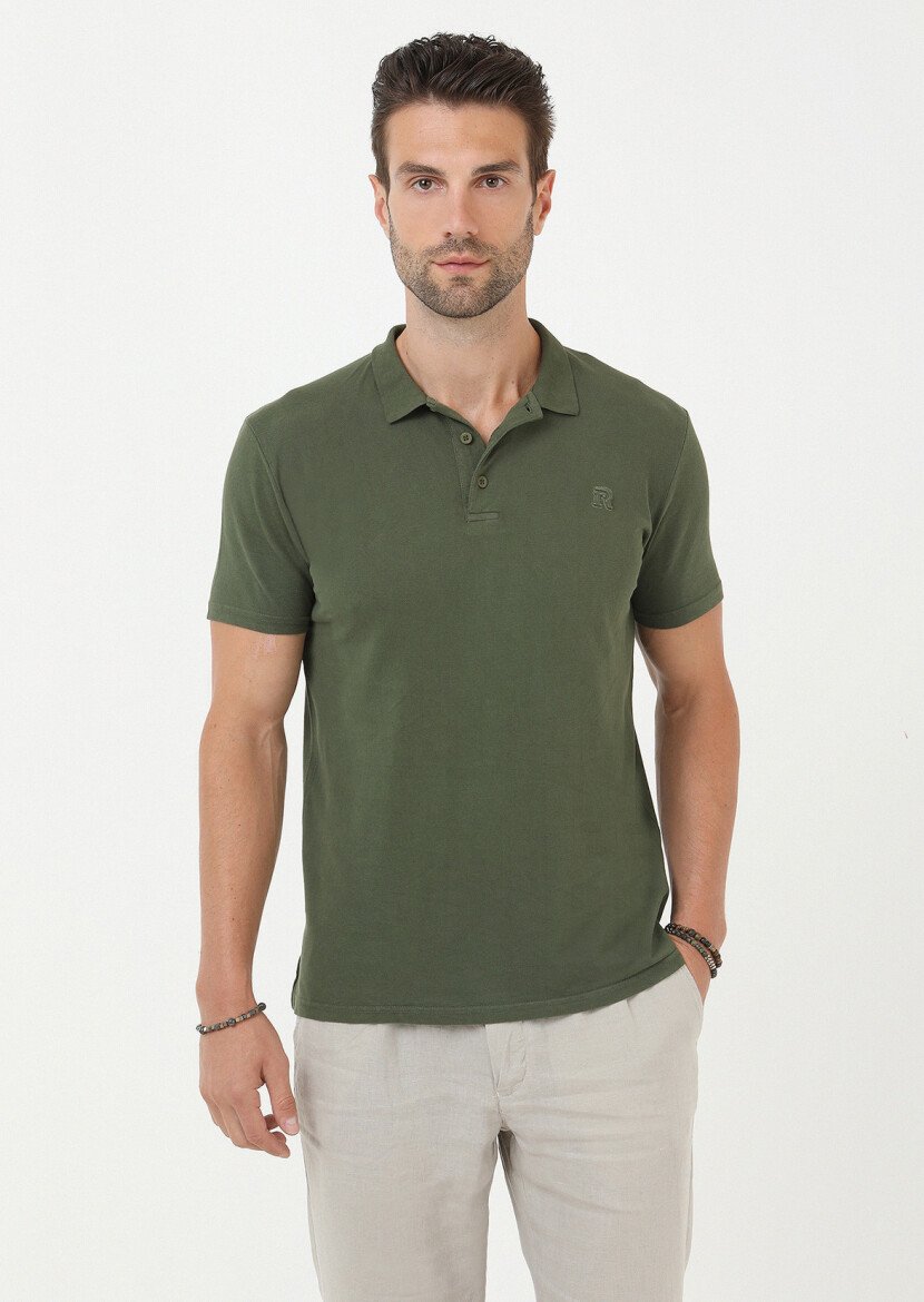 Haki Baskılı Polo Yaka %100 Pamuk T-Shirt - 4
