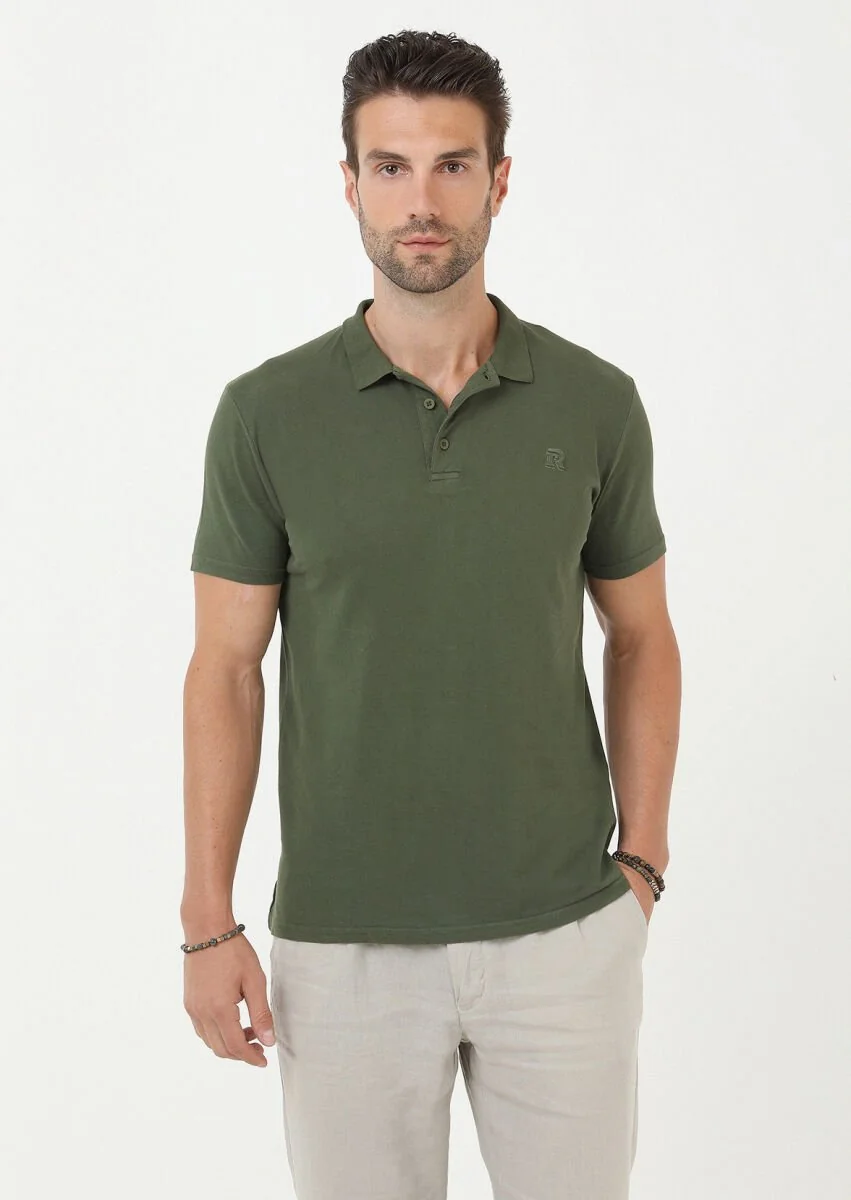 Haki Baskılı Polo Yaka %100 Pamuk T-Shirt - 4