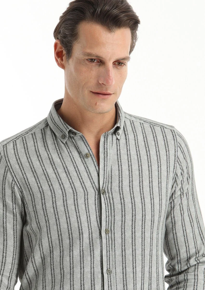 Haki Baskılı Regular Fit Dokuma Casual %100 Pamuk Gömlek - 3