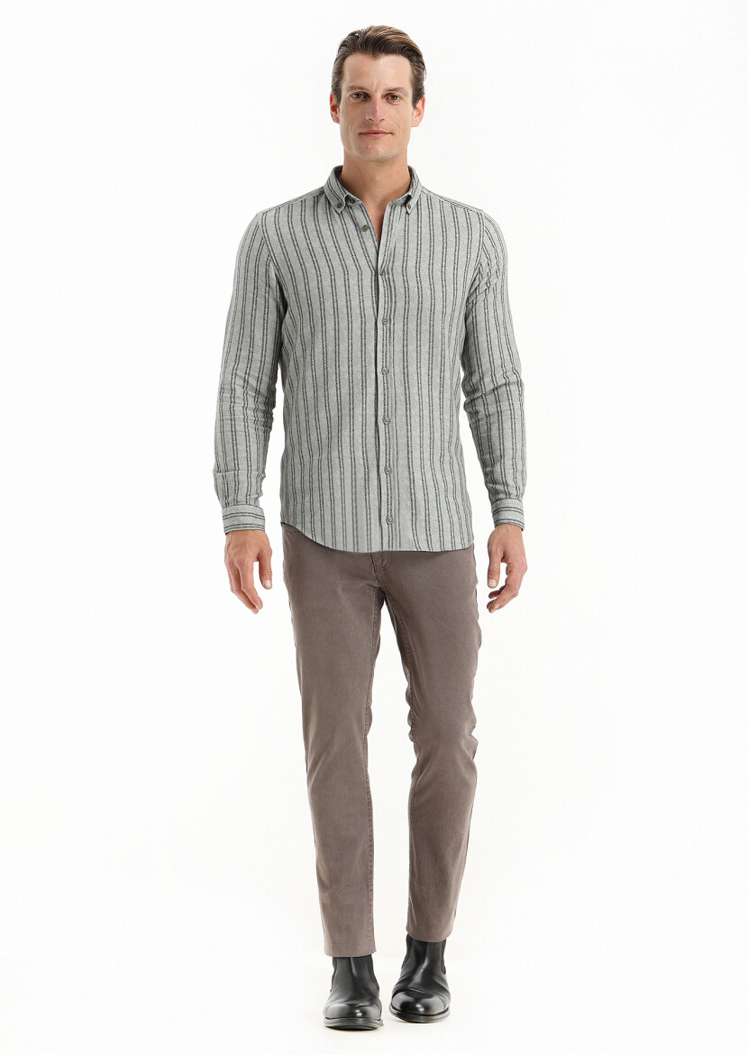 Haki Baskılı Regular Fit Uzun Dokuma Casual %100 Pamuk Gömlek - 1
