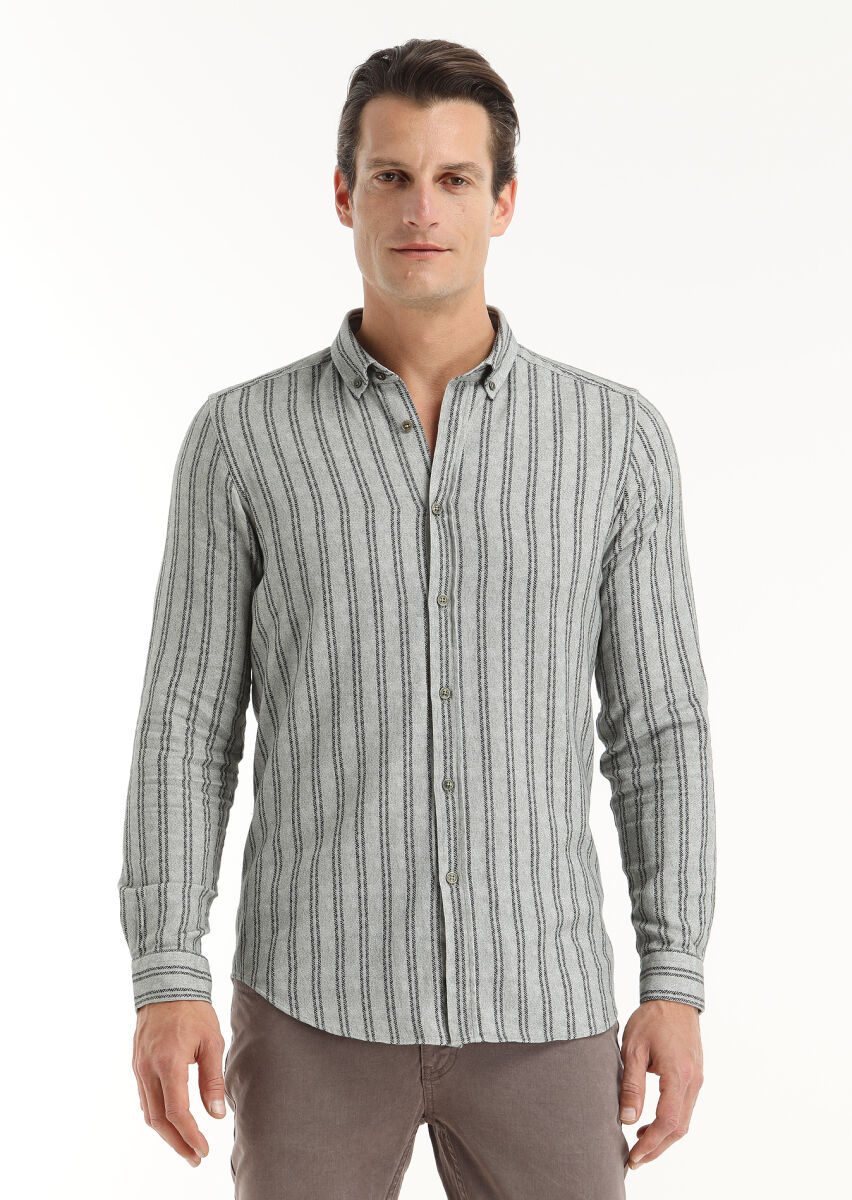Haki Baskılı Regular Fit Uzun Dokuma Casual %100 Pamuk Gömlek - 2