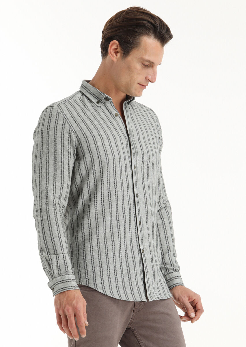Haki Baskılı Regular Fit Uzun Dokuma Casual %100 Pamuk Gömlek - 3