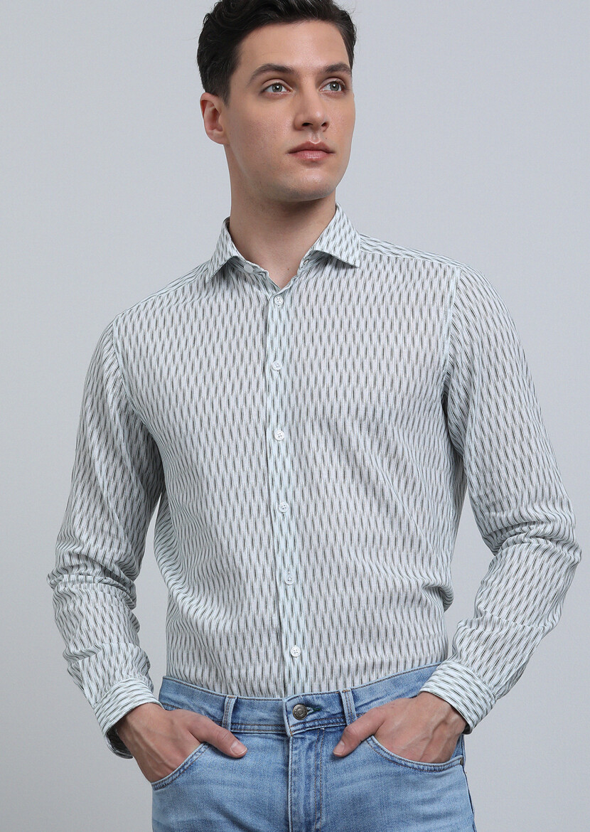 Haki Baskılı Regular Fit Uzun Dokuma Casual Pamuk Karışımlı Gömlek - 1
