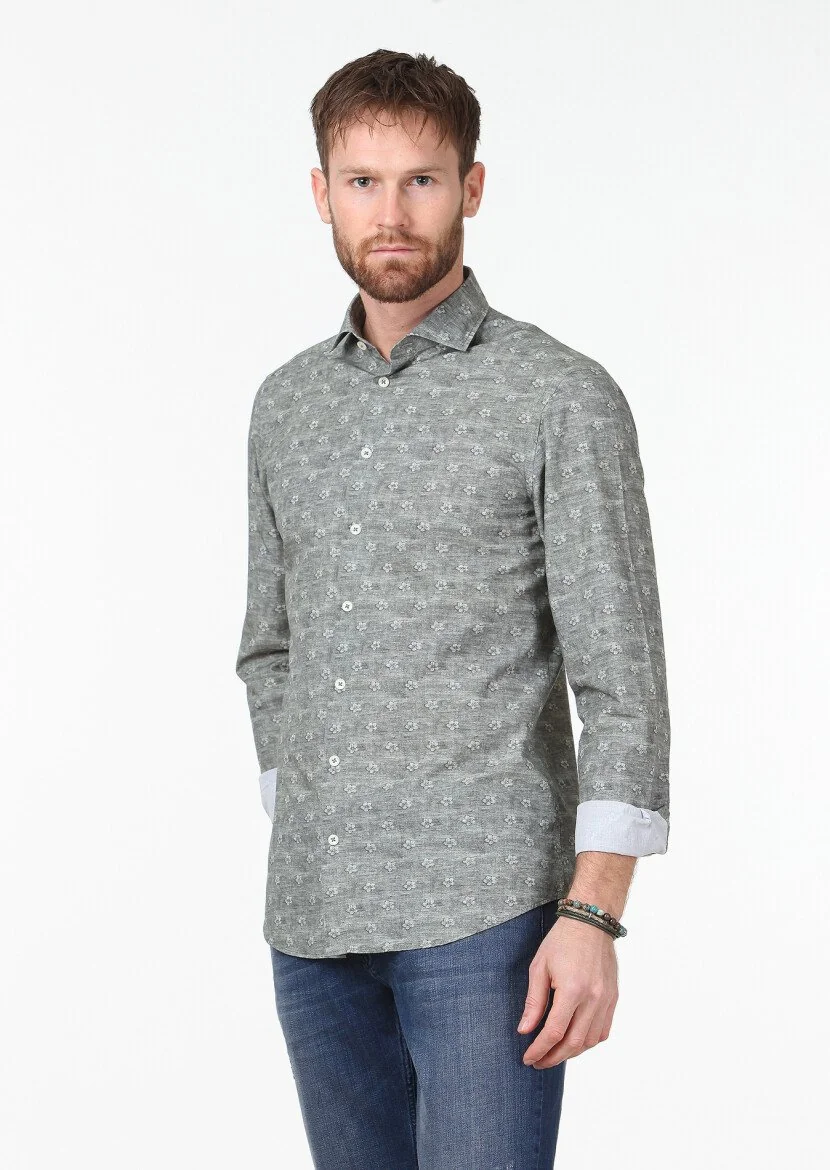Haki Baskılı Slim Fit Dokuma Casual %100 Pamuk Gömlek - 1