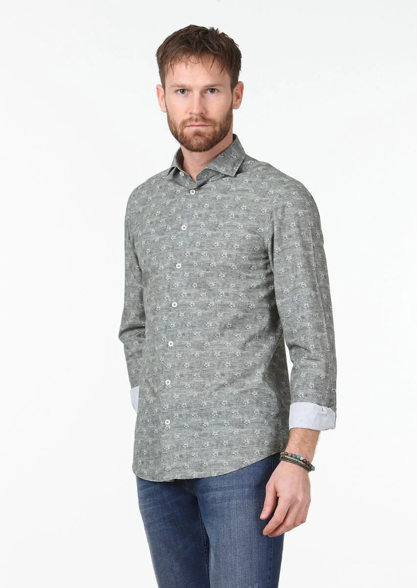 Haki Baskılı Slim Fit Dokuma Casual %100 Pamuk Gömlek - 1