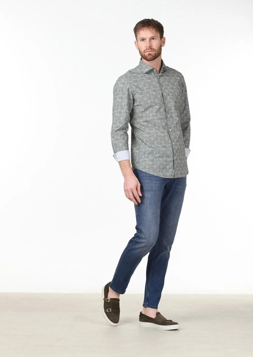 Haki Baskılı Slim Fit Dokuma Casual %100 Pamuk Gömlek - 2