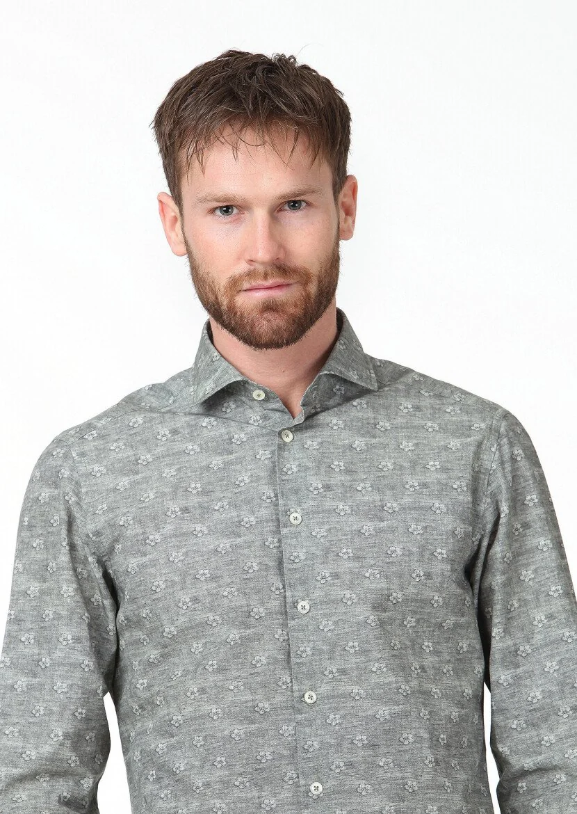 Haki Baskılı Slim Fit Dokuma Casual %100 Pamuk Gömlek - 3
