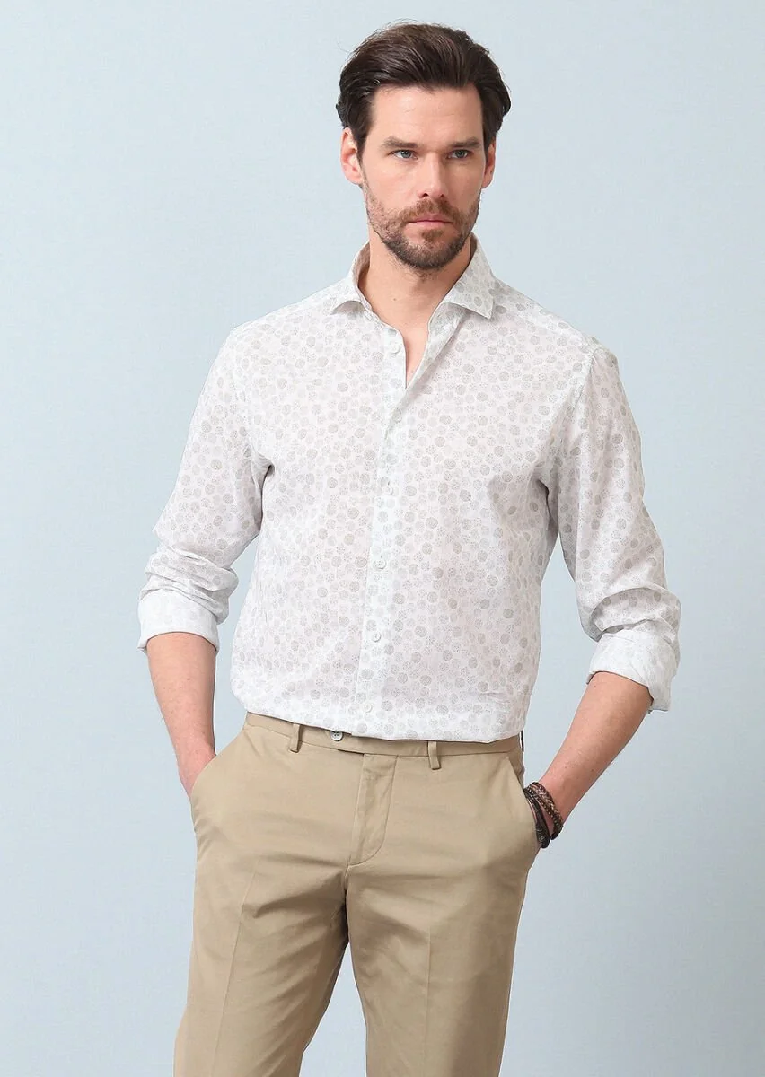 Haki Baskılı Slim Fit Dokuma Casual %100 Pamuk Gömlek - 4