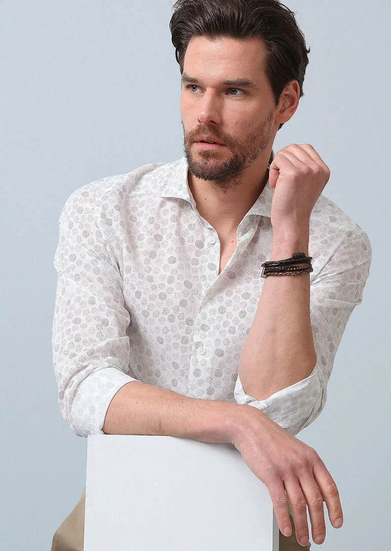 Haki Baskılı Slim Fit Dokuma Casual %100 Pamuk Gömlek - 5