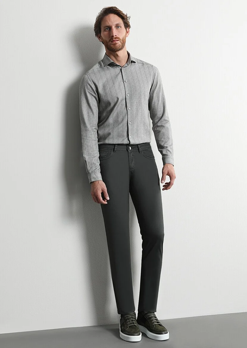 Haki Baskılı Slim Fit Dokuma Casual %100 Pamuk Gömlek 