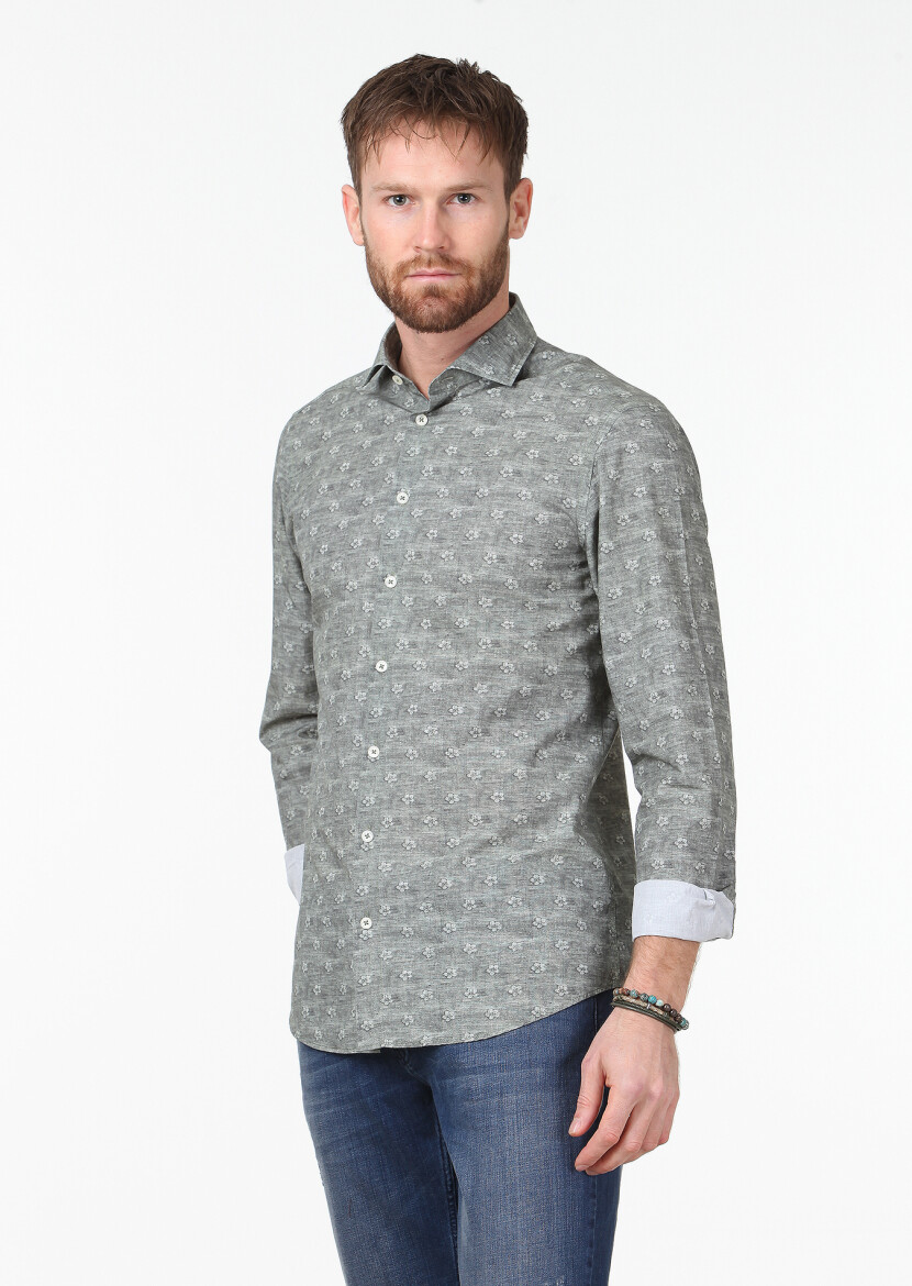 Haki Baskılı Slim Fit Uzun Dokuma Casual %100 Pamuk Gömlek - 1