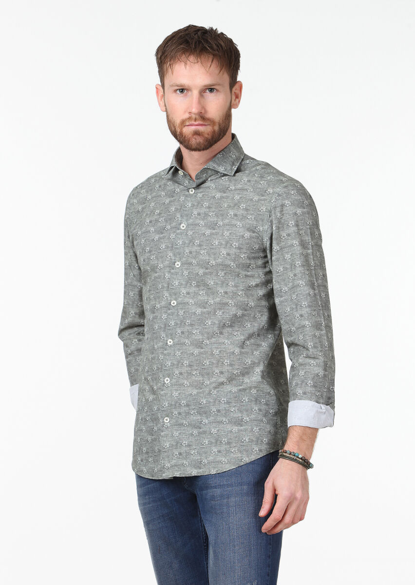 Haki Baskılı Slim Fit Uzun Dokuma Casual %100 Pamuk Gömlek - 1