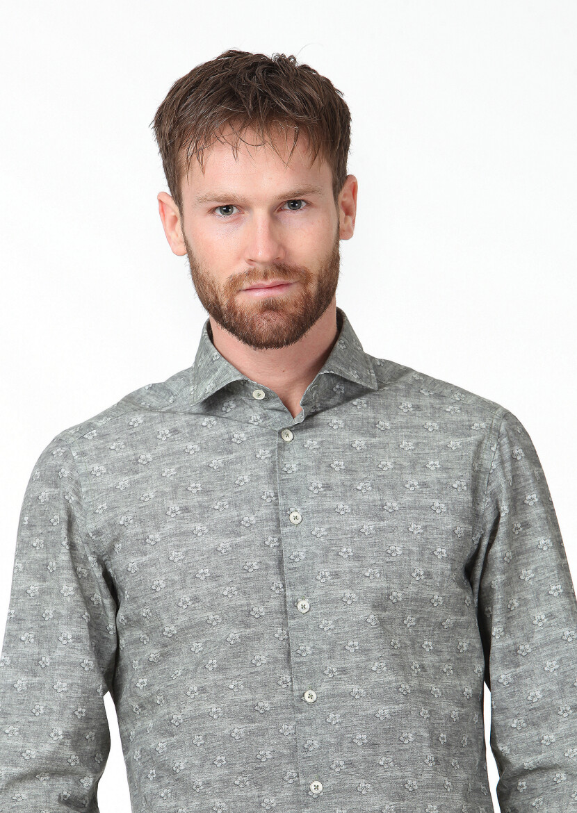 Haki Baskılı Slim Fit Uzun Dokuma Casual %100 Pamuk Gömlek - 2