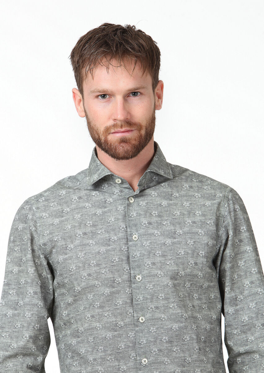 Haki Baskılı Slim Fit Uzun Dokuma Casual %100 Pamuk Gömlek - 2