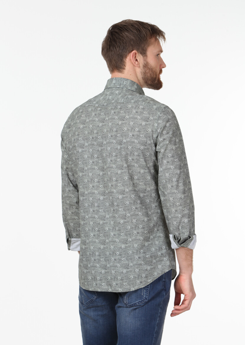 Haki Baskılı Slim Fit Uzun Dokuma Casual %100 Pamuk Gömlek - 3