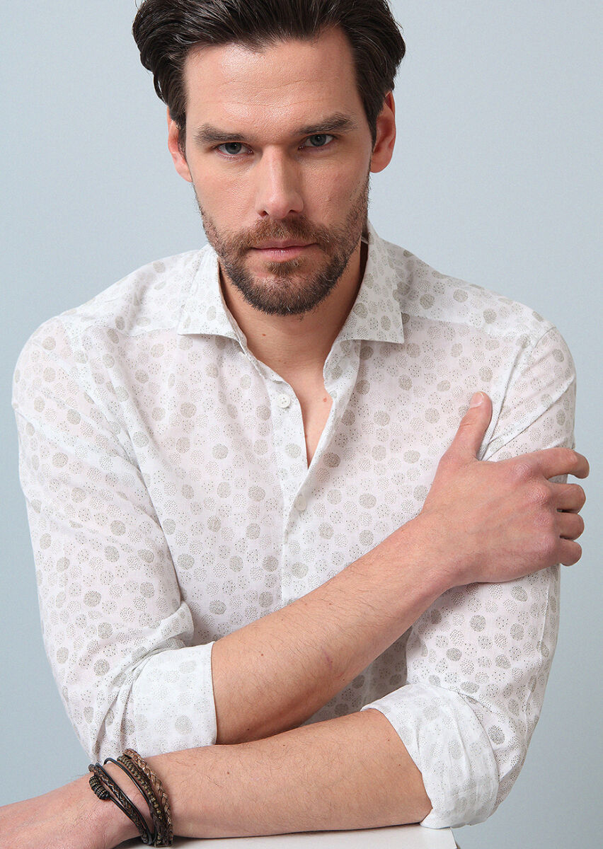 Haki Baskılı Slim Fit Uzun Dokuma Casual %100 Pamuk Gömlek - 1