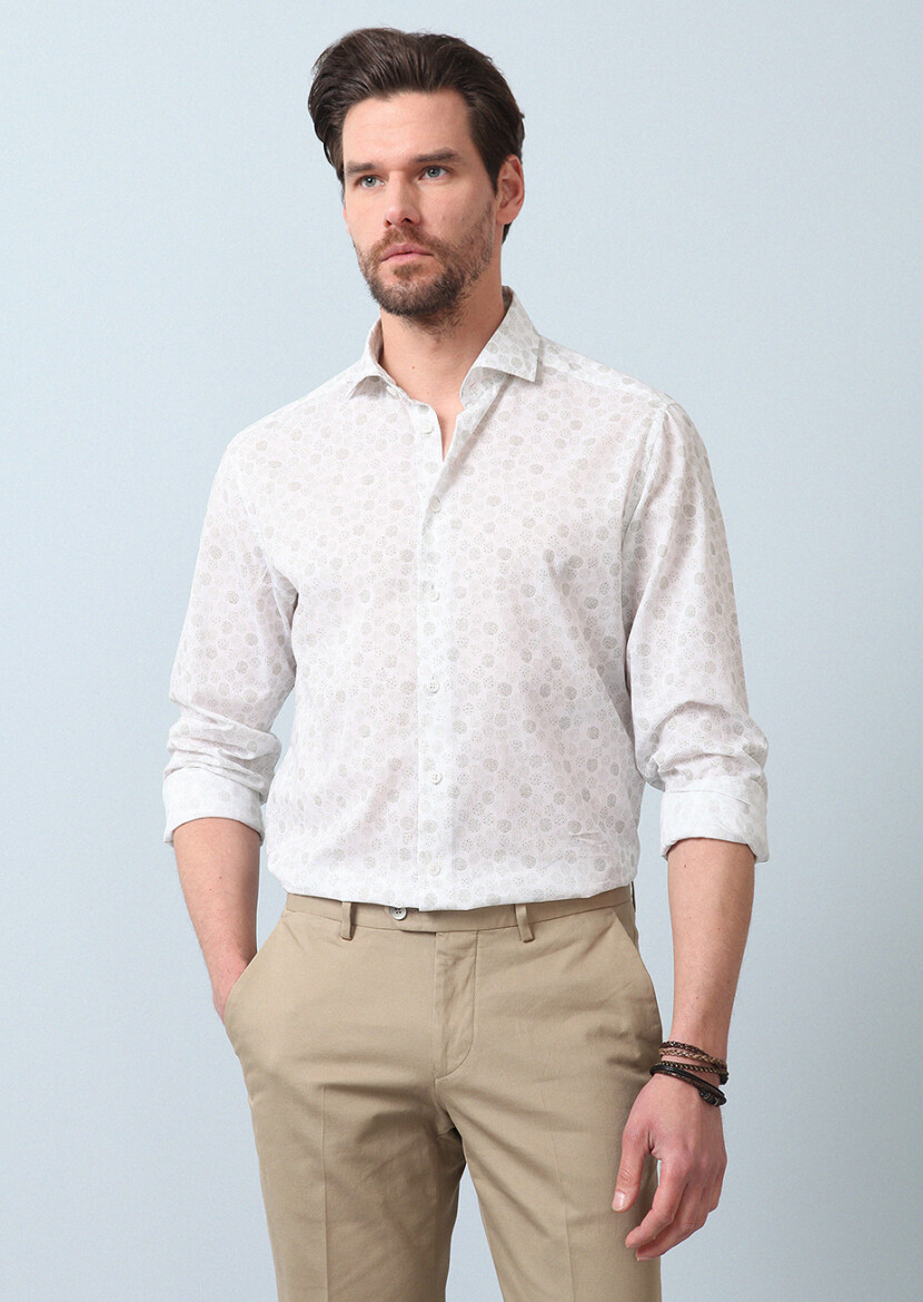 Haki Baskılı Slim Fit Uzun Dokuma Casual %100 Pamuk Gömlek 
