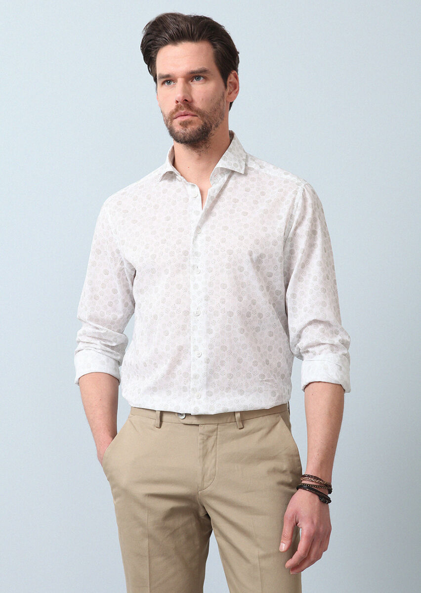 Haki Baskılı Slim Fit Uzun Dokuma Casual %100 Pamuk Gömlek - 2