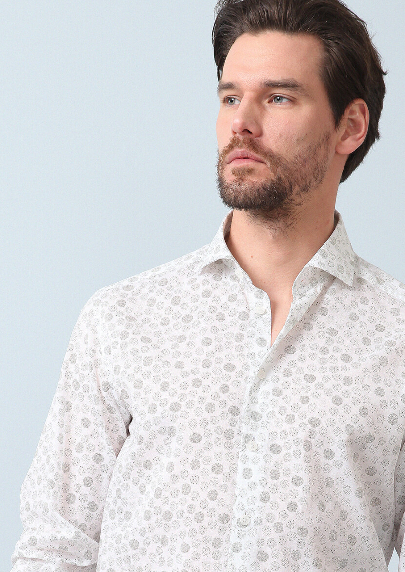 Haki Baskılı Slim Fit Uzun Dokuma Casual %100 Pamuk Gömlek - 3