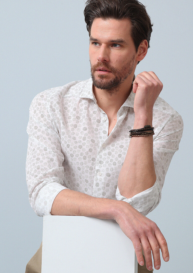 Haki Baskılı Slim Fit Uzun Dokuma Casual %100 Pamuk Gömlek - 5