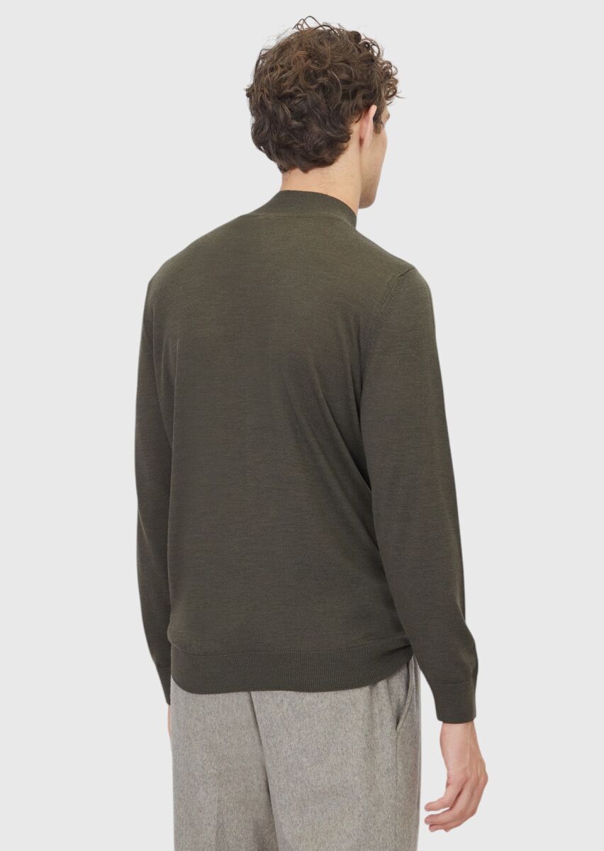 Haki Bato Yaka Düz Örgü Yün Karışımlı Triko Kazak - 5