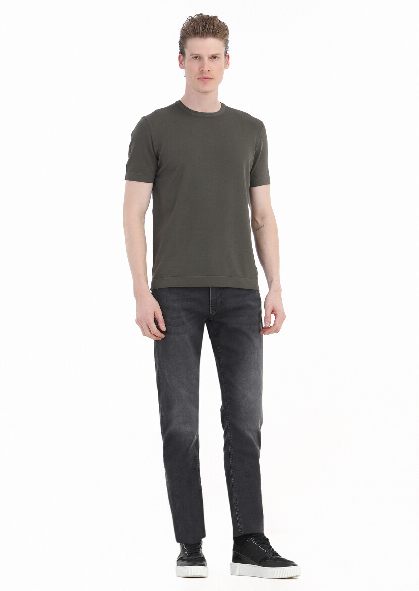 Haki Bisiklet Yaka Düz Örgü Triko 