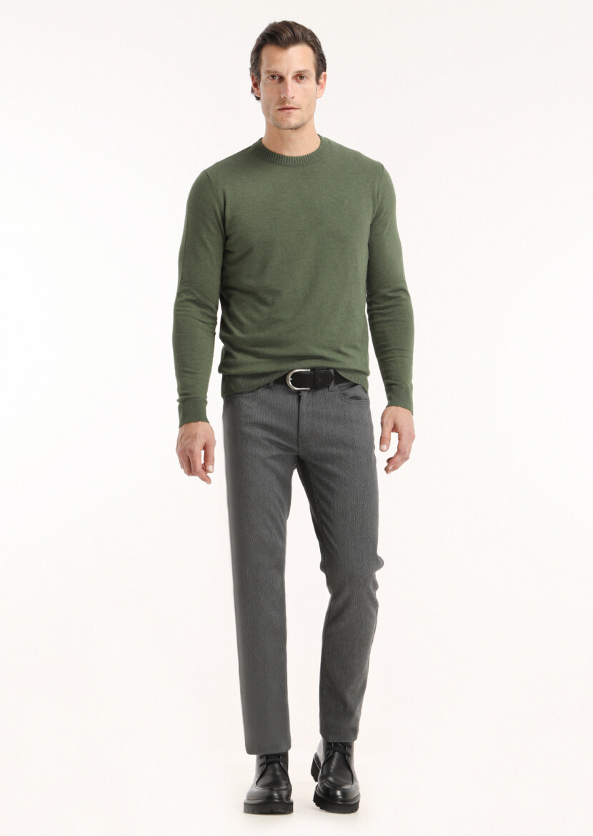 Haki Bisiklet Yaka Düz Örgü Yün Karışımlı Triko Kazak - 1