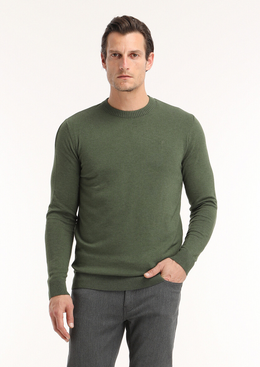 Haki Bisiklet Yaka Düz Örgü Yün Karışımlı Triko Kazak 